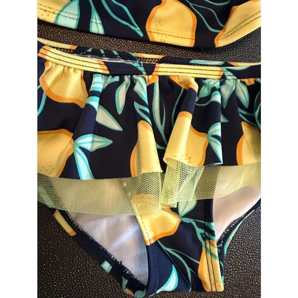 Cat & Jack Yellow and Blue Kids Two-Piece lemon print Ruffle details size 5T